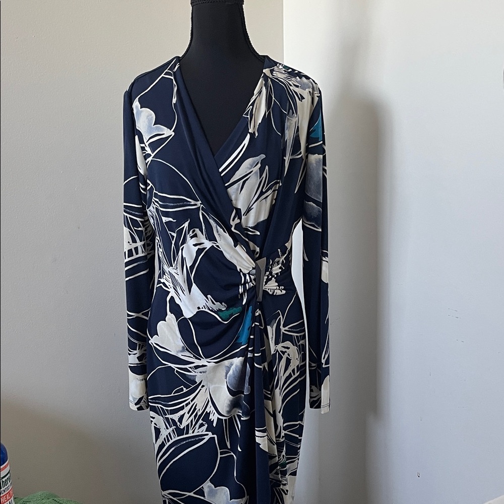 Calvin Klein Navy and White Floral Long Sleeve Dress